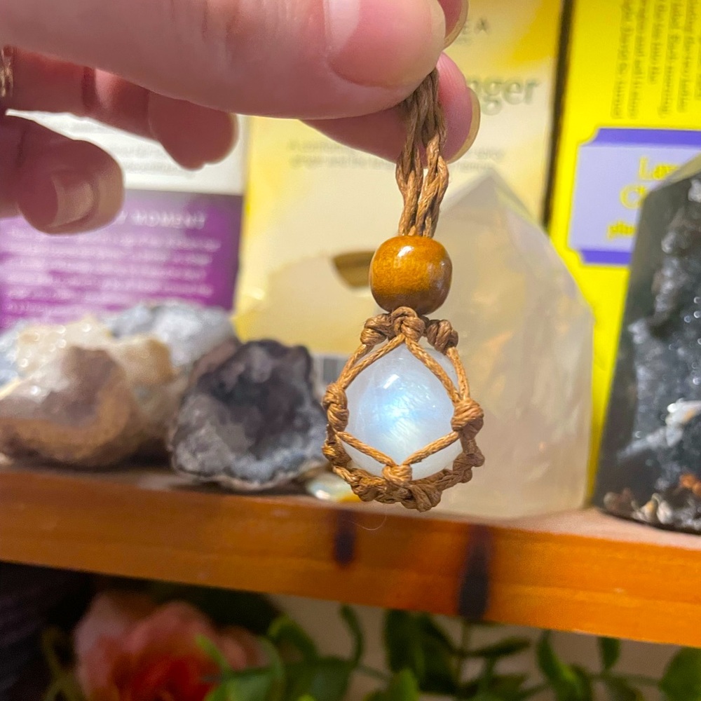 Handmade Rainbow Moonstone Crystal Ball Necklace On Adjustable Macrame Cord